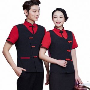 Chafing Dish Shop Waiter Work Clothes Summer Kort ärm kinesisk restaurang Uniform Hotel Waitr Workwear Billiga kläder A684#