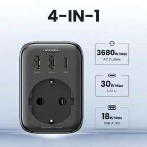 Ugreen 30W GAN PD -laddare med AC Outlets mobiltelefonladdare för iPhone 15 14 Xiaomi USB Wall Socket Power Strip Charger