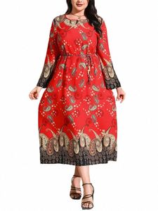 Gibsie Plus Size Paisley Print Lg Dr Women Spring 2024 Iric Boho o-neck lg sleeve ladies vintage a-line dres z5tp#