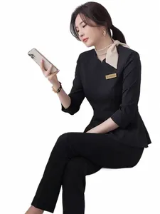 2024 Beautician Work Clothes Female Hotel Frt Desk Fi Profial Black Top and Pants Set Health Sal SPA Uniform Sales d07M#