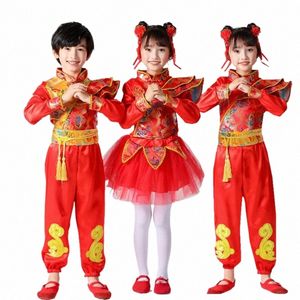 Boy Girl Chinese New Year Clothes Traditial Kids Folk Dance Red Costumes Stage Party Festival Oriental Hanfu Clothing T9mi#