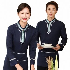 Chinese Ethnic Style Attendant Arbeitskleidung Männer und Frauen Lg Sleeve Top Apr Set Hotel Restaurant Catering Uniform H5cA #