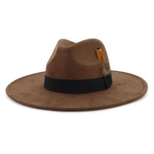 Feather Band Suede Top Hat Women Men 9.5cm Big Brim Gentlemen's Hat Fascinator Jazz Fedora Hats Elegant Ladies Party Felt Cap