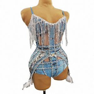 Sexy Nightclub Gogo Dancer Outfit Lantejoulas Borla Bodysuit Adulto Mulheres Pole Dance Costume Rave Outfit Dj Ds Roupas VDB5025 t19V #