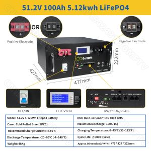 48V 100Ah LiFePO4 Battery Pack 5KWh 16S Smart BMS 51.2V Lithium Battery 6000+ Cycles CAN RS485 Home Energy Storag Systems NO TAX