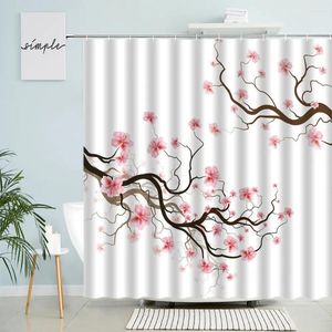 シャワーカーテンピンクチェリーブロッサムフラワーカーテン花柄の桃の咲くモダンな日本バスルームの防水スクリーン