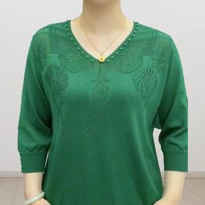 Kvinnors blusar Casual Loose Fit Top Elegant Mid-Aged V Neck Floral Blus med elastiska manschetter mjuk stickad tröja för mödrar