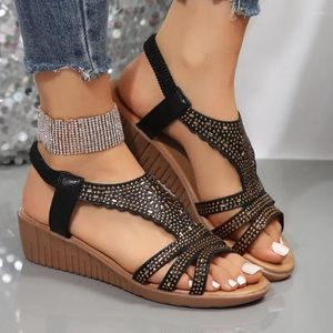 Sapatos de vestido cunhas sandálias verão cristal leve mulheres elásticas slip-on senhora britânica étnica sandalias plus size