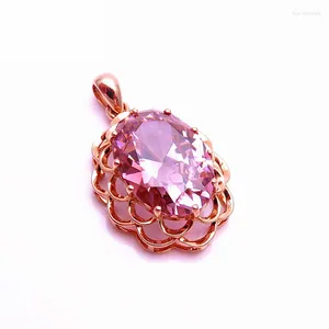 Chains 585 Purple Gold Plated 14K Rose Fashion Hollow Out Pink Gemstone Necklace For Women Pendant Light Luxury Wedding Jewelry