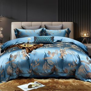 Luxury Satin Jacquard Cotton Bedding Set Gold Leaves Egyptian Cotton Smooth Däcke Cover Set Flat/Fitted Sheet Pudowcases 240322