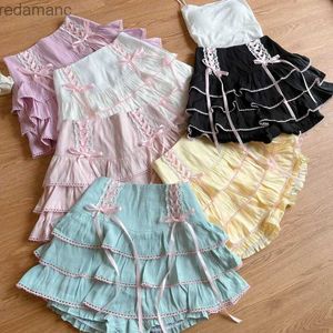 Kjolar skorts japanska kawaii lolita stil veckade kjolar kvinnor hög midja rosa bandage fairy y2k estetik kjol söt faldas mujer moda 2023 240330