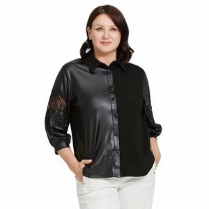 Astrid Damenhemd 2023 Lg Sleeve Cut Out Plus Size Pu-Leder Top Frau Kleidung Fi Stitching Design Weibliches T-Shirt J6T9 #