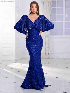 Runway Dresses Long Dolman Slved V Neck Sequined Evening Prom Maxi Dress Backless Floor Length Night Party Gown T240330