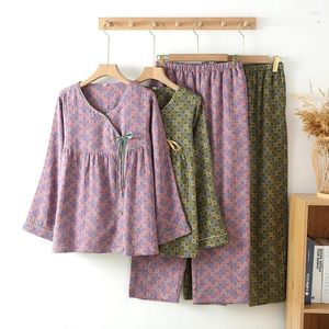 Casa roupas estilo chinês verão fino algodão calças de manga comprida pijamas para mulher primavera e outono em torno do pescoço retro wear