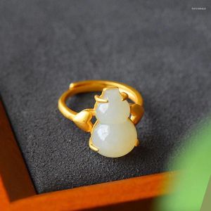 Anéis de cluster Marca Original Natural Hetian Jade Cabaça Aberto Anel Ajustável Requintado Chinês Coração Pêssego Senhoras Jóias de Prata