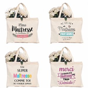 Tack lärare franska tryck kvinnor axelväska canvasshop väskor kvinnliga handväskor återanvändbar tygväska bästa gåvor för maitre l9us#