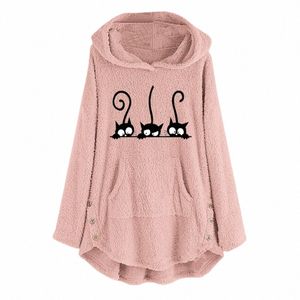 women Winter Hoodies Fleece Sweatshirt Cat Embroidery Kawaii Hoodie Plus Size Women Warm Thicken Coat Oversized Hoodie Top #38 43NI#