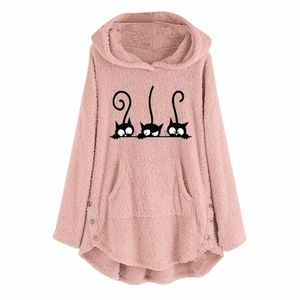 Mulheres Inverno Hoodies Fleece Moletom Gato Bordado Kawaii Hoodie Plus Size Mulheres Quente Engrossar Casaco Oversized Hoodie Top #38 43NI #