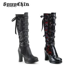 Stiefel Women Boots Lolita Gothic Chunky High Heel Blumenstickerei weibliche Pumps Damenkreuz gebundener Gürtel Spitzer Zehenritterschuhe