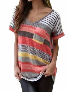 T-shirt stampata a righe da donna taglie forti T-shirt con scollo a V irregolare allentata casual manica corta estiva i119 #