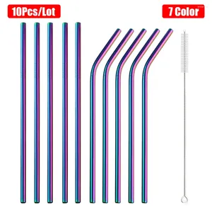 İçme Pipetler 10 PCS Daha Temiz Fırça Bar Partisi ile Yeniden Kullanılabilir Metal Seti Kokteyl 304 Paslanmaz Çelik Saman Gözlük için