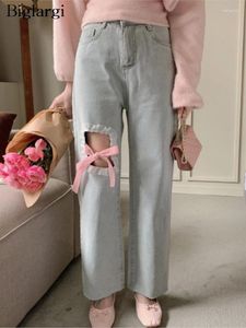 Damen Jeans Frühling lange Hose Frauen rosa Schleife Mode aushöhlen Damen Hosen koreanischen Stil lose beiläufige Frau gerade Hosen