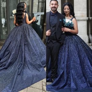 Crystal navy blue ball gown Evening Dresses elegant straps beaded sequins Prom Dress sweep train arabic Qatar Formal dresses for special occasion