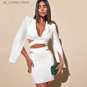 Urban Sexy Vestidos Designer 2 Pcs Mulheres Ternos Set Vestido de Noite Sexy V Neck Cape Slve Casual Blazer Branco + Saia Curta Vestidos de Baile Robe De Marie T240330