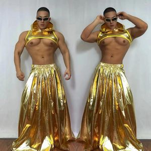 Stage Wear Sexy Gold Gogo Dance Clothing Short Tops Skirt Male Carnival Dancewear Nightclub Bar Muscle Man Costume Rave Outfit