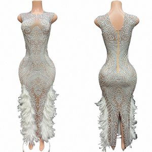 Ärm Sier Diamd Feather Dr Women Födelsedag Fira outfit Evening Party Dres Stage Dancer Costumes XS5774 V8T7#
