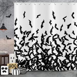 Занавески для душа Хэллоуин Шторы Черная летучая мышь Страшный узор Жуткий декор для ванной комнаты с крючками