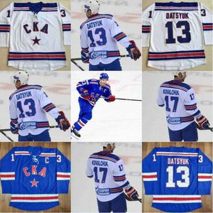 24S Herren Vollgenähte 17 Ilya Kovalchuk Trikots CKA St. Petersburg 13 Pavel Datsyuk Stickerei Weiß Blau Hockey Trikot