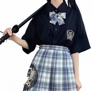 Branco Cott Japonês Verão Estudante Escola Meninas Jk Uniformes Marinheiros Terno Manga Curta Bordado Preto Camisa Branca Mulheres Tops v6LK #