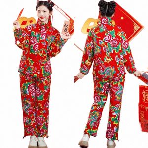 Traditial nordöstra blommiga par passar vinter Etnisk stil Vintage Dance Costume Thicked LG Sleeved Print Jacket Pants S9lx#