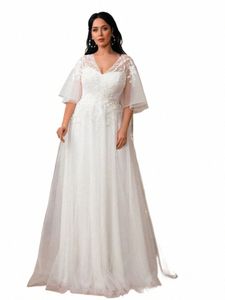 Boho Plus Size Wedding Dr Manica corta svasata con scollo a V Appliques Zipper A Line Tulle Abito da sposa Custom Made Vestido De Noiva 48Iy #