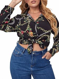 Plus-storlek Elegant Fi Summer Spring LG Sleeve Boho T-shirt Kvinnor Svart Floral Print Single Breasted Casual Blus 6XL 7XL Z0iy#