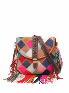 SC Vintage Casual Women Axel Handväskor Multicolor Leather Patchwork Flap Saddle Bags Tassel äkta ko hud crossbody purses R2NS#