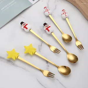 Tea Scoops Stainless Steel Spoon And Fork Christmas Tableware Dessert Cake Fruit Creative Cartoon Snowman Coffee Gift