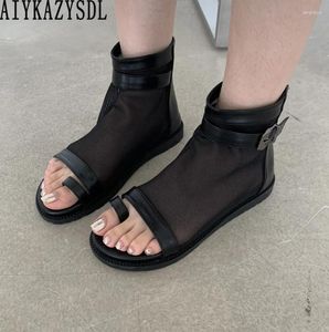 Sıradan Ayakkabı Toe Toe Meyes Gazlı Yaz Bootie Kadın Nefes Alabilir Yüksek Üst Ayak Bileği Botları Düz ​​Topuk Roma Gladyatör Sandalet Öğrenci