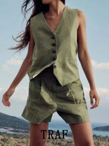 Suits Traf Woman 2 Pieces Shorts Sets 2023 New Fashion Linen Vest Tops Casual Shorts Summer Suit Two Piece Set Womens Outfits