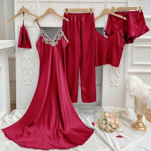 Sexy Full Slip Lace White Silk Pajamas Set Women 5pcs Chemise Bride Wedding Robe Nightgown Sleepwear Kimono Bathrobe Lingerie