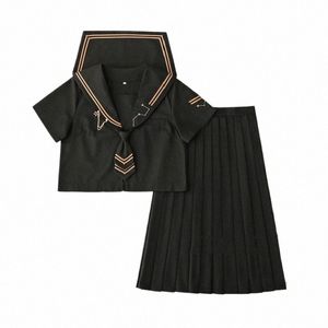 Gothic JK Sailor Suit Japanese Women Girl Uniform Black Short/LG Sleeve School Uniforms Pleated LG Skirt College Uniform Set E6HW#