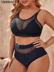 Women's Swimwear VigoJany 2024 Black Strapped 2 Piece Plus Size Bikini Set Women Push Up Large Big Swimsuit Backless Beach Chubby Bathing Suit yq240330