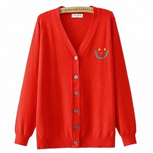 4xl Plus Size Cardigan Women Clothing High Strecth Slim Mercerized Cott Knitted Sweater V-Neck Smiling Face Jacquard Jumper p2ZS#