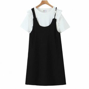 good Quality Women's Sets Plus Size Clothing 2023 Summer Oversized Curve Female White Design Ruffled T-Shirt Black Overall Dr Q0XY#