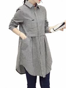 plus Size New Korean Fi Blouses Plaid Butt Solid Midi Autumn Shirt Female All-match Loose Lg Sleeve Polo-Neck Blouse m1sz#