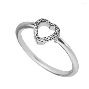 Anéis de cluster Puzzle Heart Frame com Clear CZ Authentic 925 Sterling-Silver-Jewelry