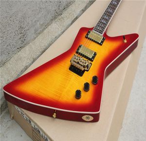 Custom Shop Cherry Sunburst Explorer Electric Guitar Flame Maple Top Floyd Rose Tremolo MOP Split Diamond Fingerboard Inlay Golden9934476