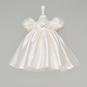 High quality girls satin princess dresses kids pearls Bows gauze puff sleeve dress baby 1st birthday party clothes Z0966