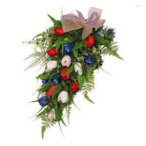 Flores decorativas 4th de julho porta grinalda patriótica americana para o memorial day artificial guirlanda floral sinal de boas-vindas verão